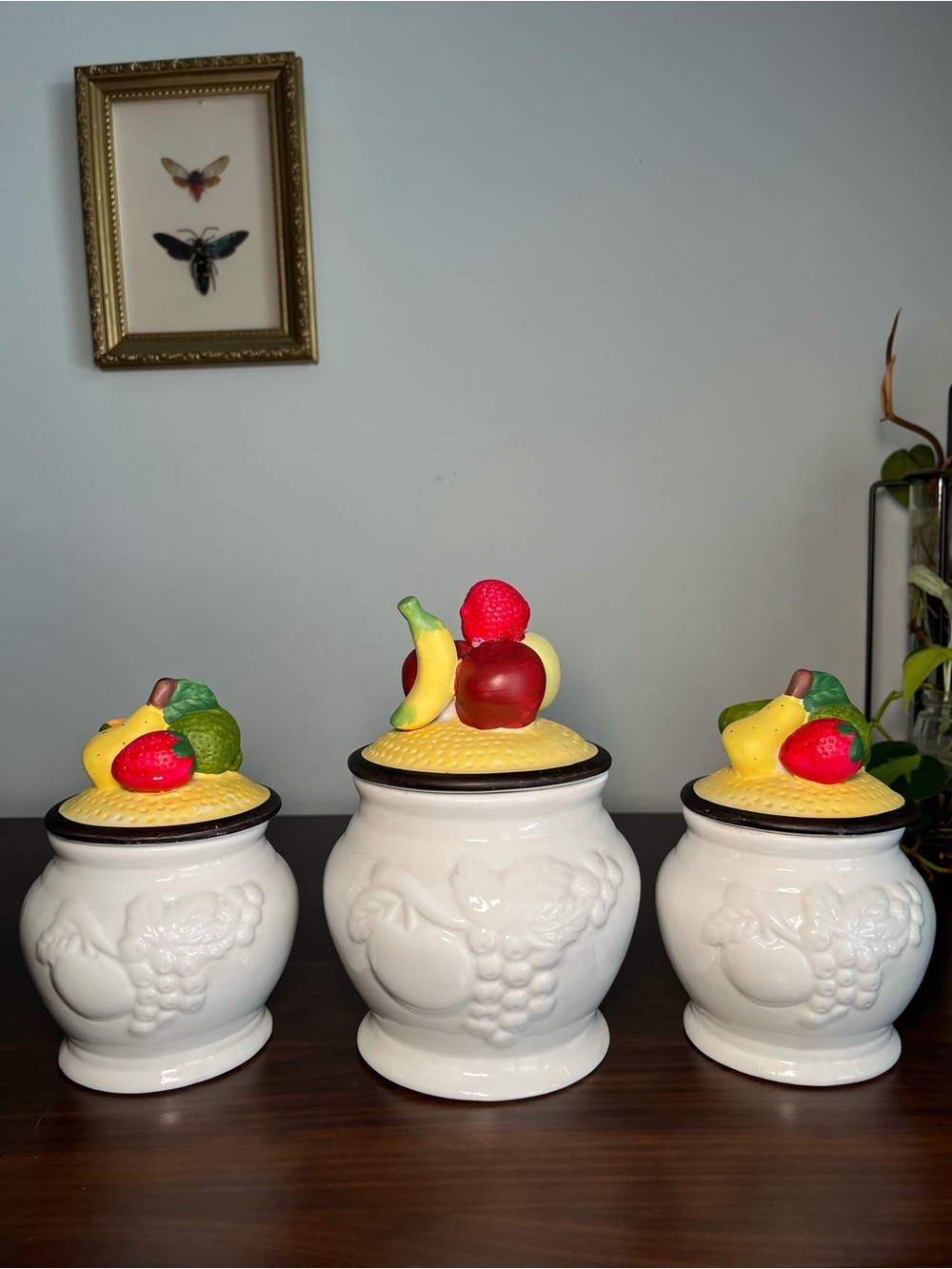 Set of 3 decorative ceramic jars with colorful fruit-themed lids retro kitchen